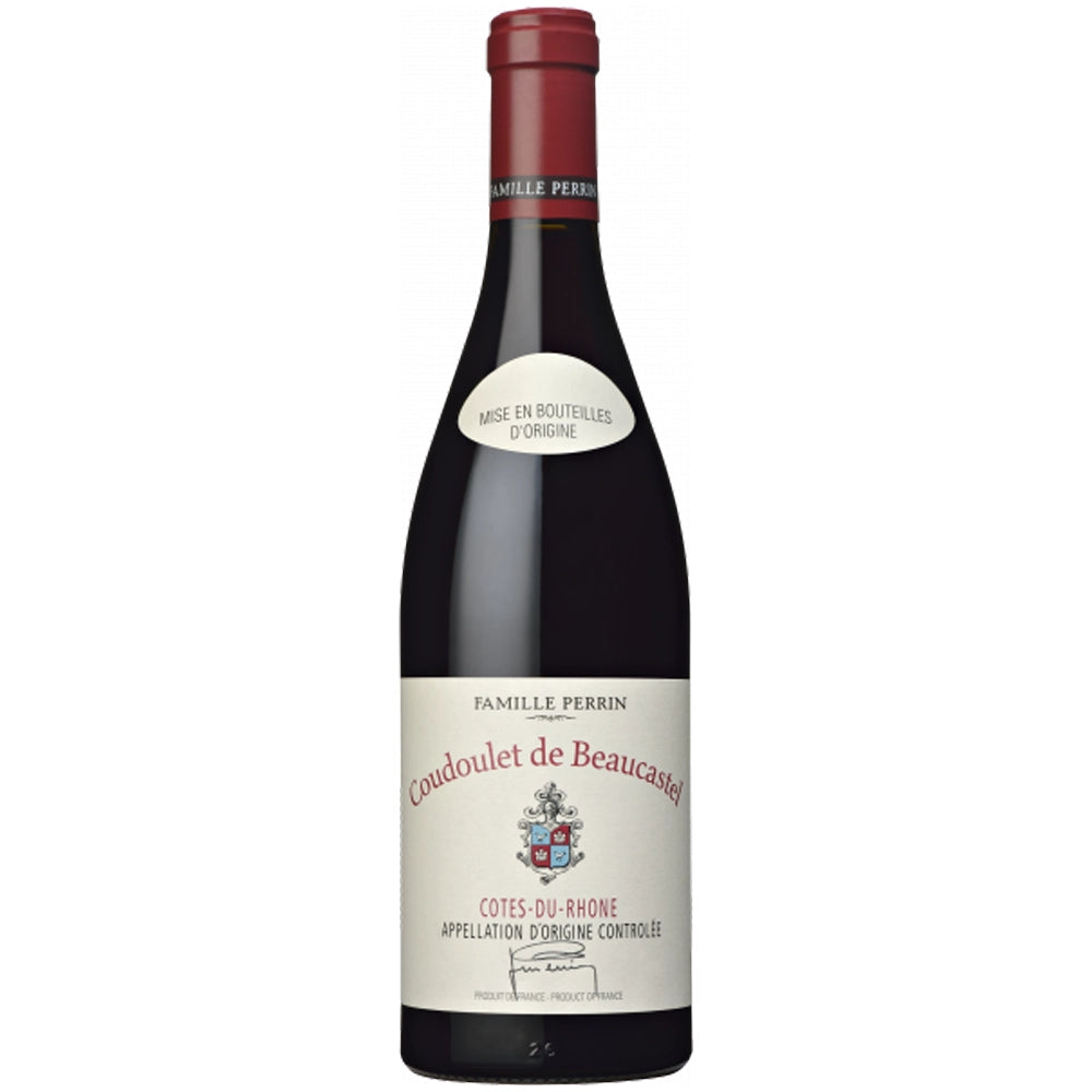 Eine Flasche „Famille Perrin Coudoulet de Beaucastel Côtes du Rhône Rouge AOC 2021“ mit rotem Verschluss und cremefarbenem Etikett.