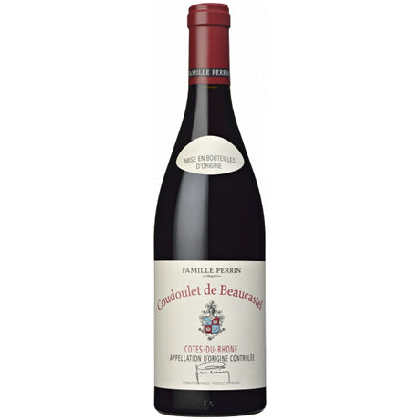 Eine Flasche „Famille Perrin Coudoulet de Beaucastel Côtes du Rhône Rouge AOC 2021“ mit rotem Verschluss und cremefarbenem Etikett.