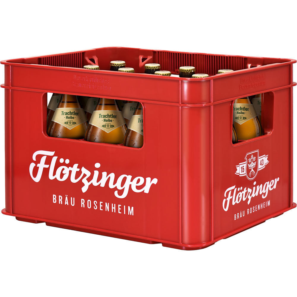 Roter Kunststoffkasten mit Flötzinger-Branding, in dem sich 20 x 0,5 l Mehrwegflaschen Trachtler Hoibe Export befinden - ein echter Geschmack bayerischer Brautradition.
