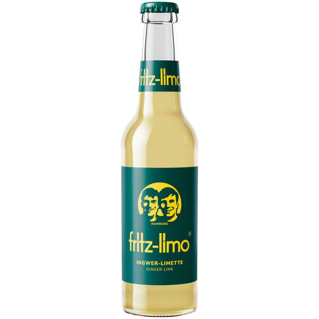 Eine 0,33-Liter-Flasche fritz-kola Fritz Limo Ingwer-Limette aus dem 24er-Pack MEHRWEG mit grün-gelbem Etikett und grünem Verschluss.