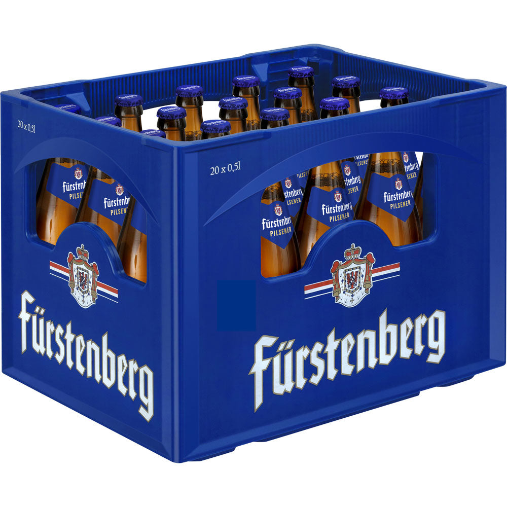 Blauer Kasten mit 20x 0,5L Flaschen Fürstenberg Pilsener (MEHRWEG), mit weißem Fürstenberg-Logo und Wappen - genießen Sie Premium-Schwarzwaldbier-Tradition in jedem Schluck.