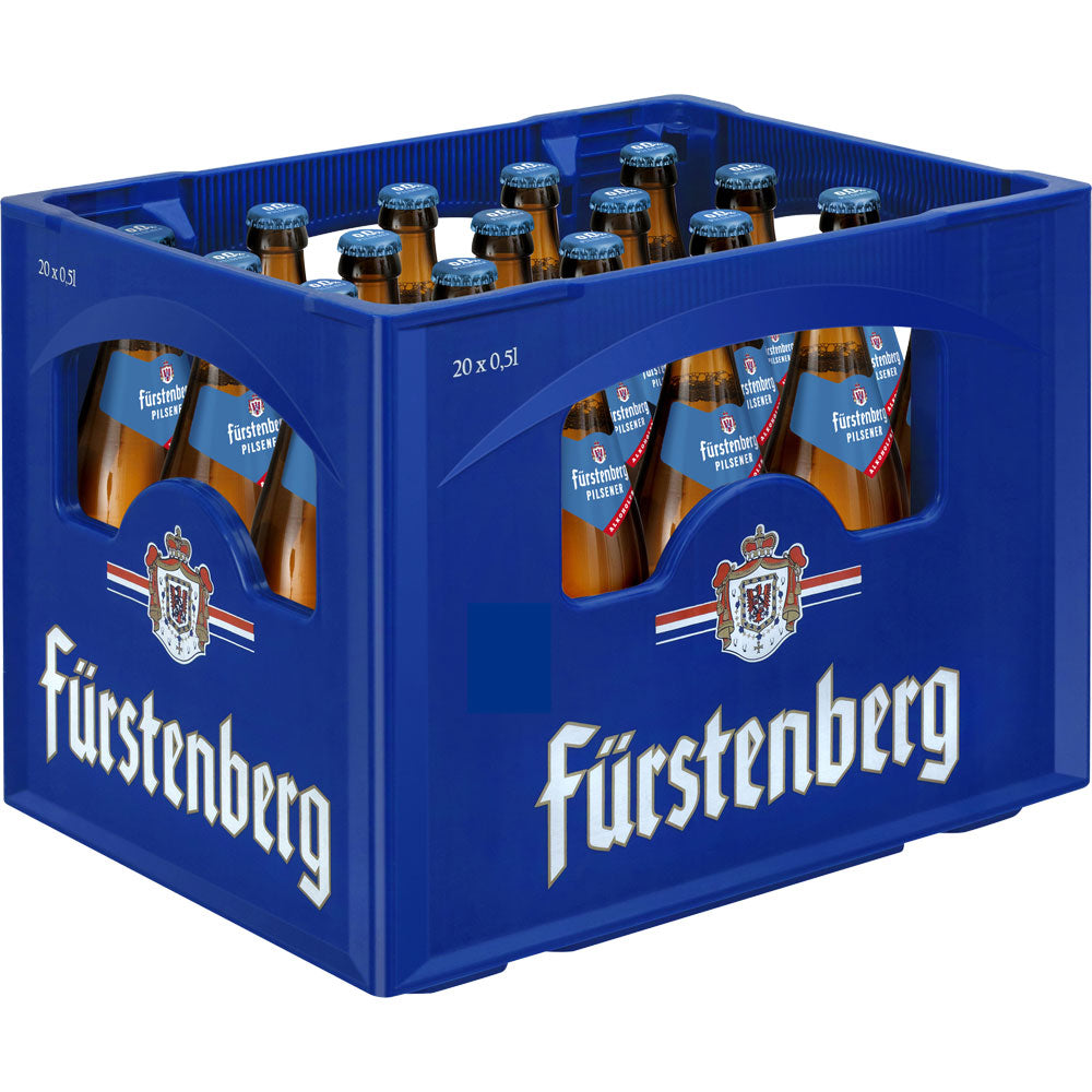 Eine blaue Fürstenberg-Kiste enthält 20x0,5L Flaschen Fürstenberg Pilsener 0,0% Alkoholfrei (MEHRWEG) - ein erfrischendes alkoholfreies Pilsener für jede Gelegenheit.