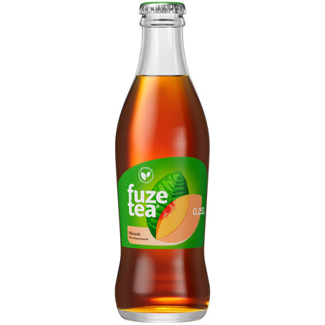 Fuze Tea Schwarzer Tee Pfirsich Eistee 24x 0,25L (MEHRWEG) von Fuze Tea liefert den erfrischenden Geschmack von Pfirsich Schwarztee in praktischen, wiederverwendbaren Flaschen.