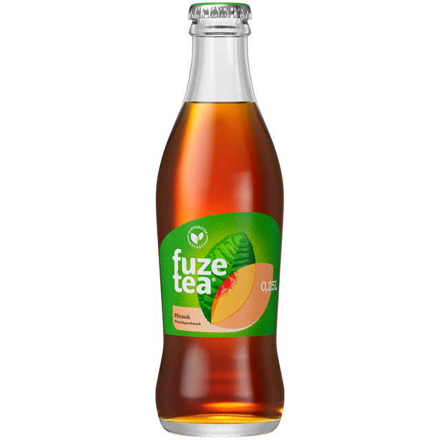 Fuze Tea Schwarzer Tee Pfirsich Eistee 24x 0,25L (MEHRWEG) von Fuze Tea liefert den erfrischenden Geschmack von Pfirsich Schwarztee in praktischen, wiederverwendbaren Flaschen.