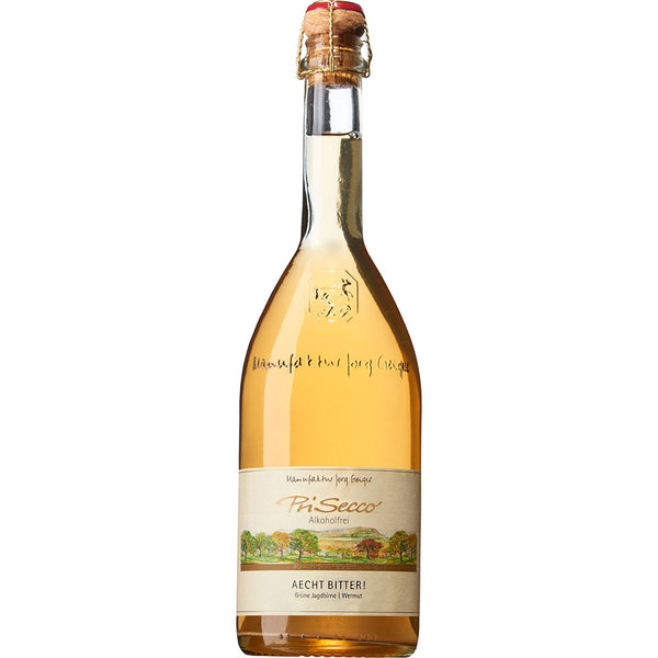 Eine 0,75L Flasche Jörg Geiger Aecht bitter Prisecco alkoholfrei - ein alkoholfreier Aperitif von Jörg Geiger, ideal für den erfrischenden Genuss.