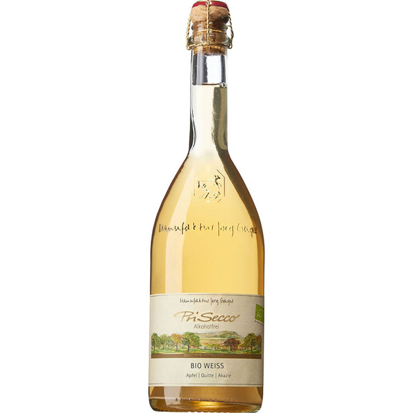 Eine 0,75L Flasche Jörg Geiger BIO-Weiss Prisecco alkoholfrei, ein alkoholfreies, prickelndes Getränk mit Korken und illustriertem Etikett, von der Marke Jörg Geiger.