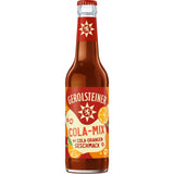 Eine 0,33-Liter-Flasche Gerolsteiner Cola-Mix (24er-Pack, Mehrweg) trägt ein rotes Etikett mit Cola-, Orangen- und Zitronenscheiben - eine erfrischende Limonade mit Mineralwasser aus der Vulkaneifel.