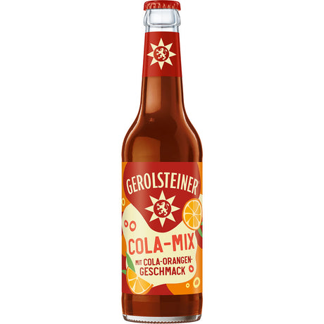 Eine 0,33-Liter-Flasche Gerolsteiner Cola-Mix (24er-Pack, Mehrweg) trägt ein rotes Etikett mit Cola-, Orangen- und Zitronenscheiben - eine erfrischende Limonade mit Mineralwasser aus der Vulkaneifel.