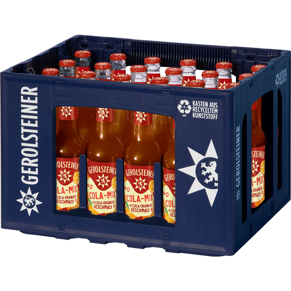 Eine blaue Kiste, gefüllt mit Gerolsteiner Cola-Mix 24x 0,33 Liter (MEHRWEG) Glasflaschen, die erfrischende Limonade ist durch die seitlichen Öffnungen sichtbar.