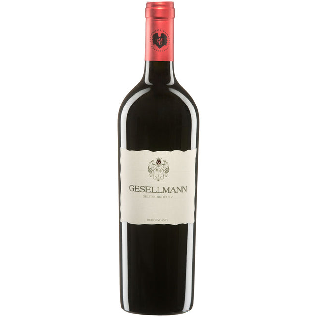 Eine Flasche Gesellmann Cuvée G BIO 2021 Rotwein von Gesellmann mit cremefarbenem Etikett und rotem Folienaufsatz - eine Mischung mit Blaufränkisch-Charakter.