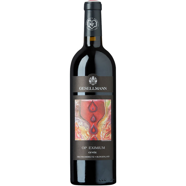 Eine Flasche Gesellmann Opus Eximium Cuvée No.35 BIO 2022 mit einem dunklen Etikett, das auf der Vorderseite abstrakte Kunst zeigt.