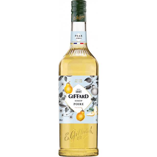 Eine 1-Liter-Flasche Giffard Birne Sirup Poire mit Williams Christ Birne und botanischen Illustrationen macht ihn zu einem perfekten alkoholfreien Sirup der Marke Giffard für Cocktails und Desserts.
