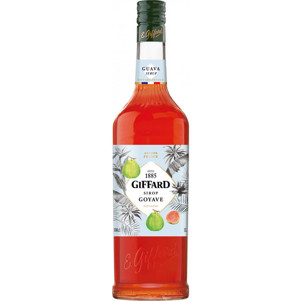 Giffard Guave Sirup Guave 1 Liter von Giffard mit weißem Etikett und Guave-Motiven ist ideal, um Ihren Fruchtsirup-Getränken eine exotische Note zu verleihen.