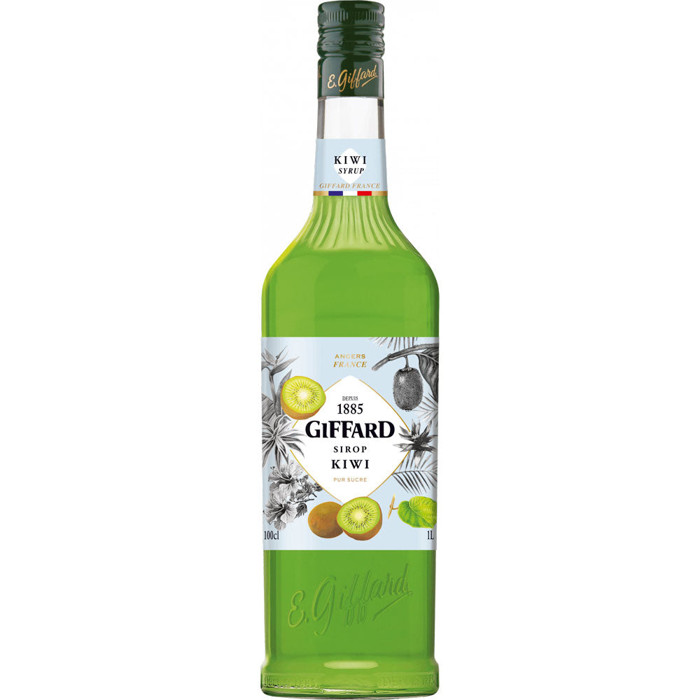 Giffard Kiwi Sirup 1 Liter von Giffard ist ein grüner Premium-Sirup mit Kiwi-Fruchtmotiven auf dem Etikett und wird aus Kiwisaftkonzentrat hergestellt.