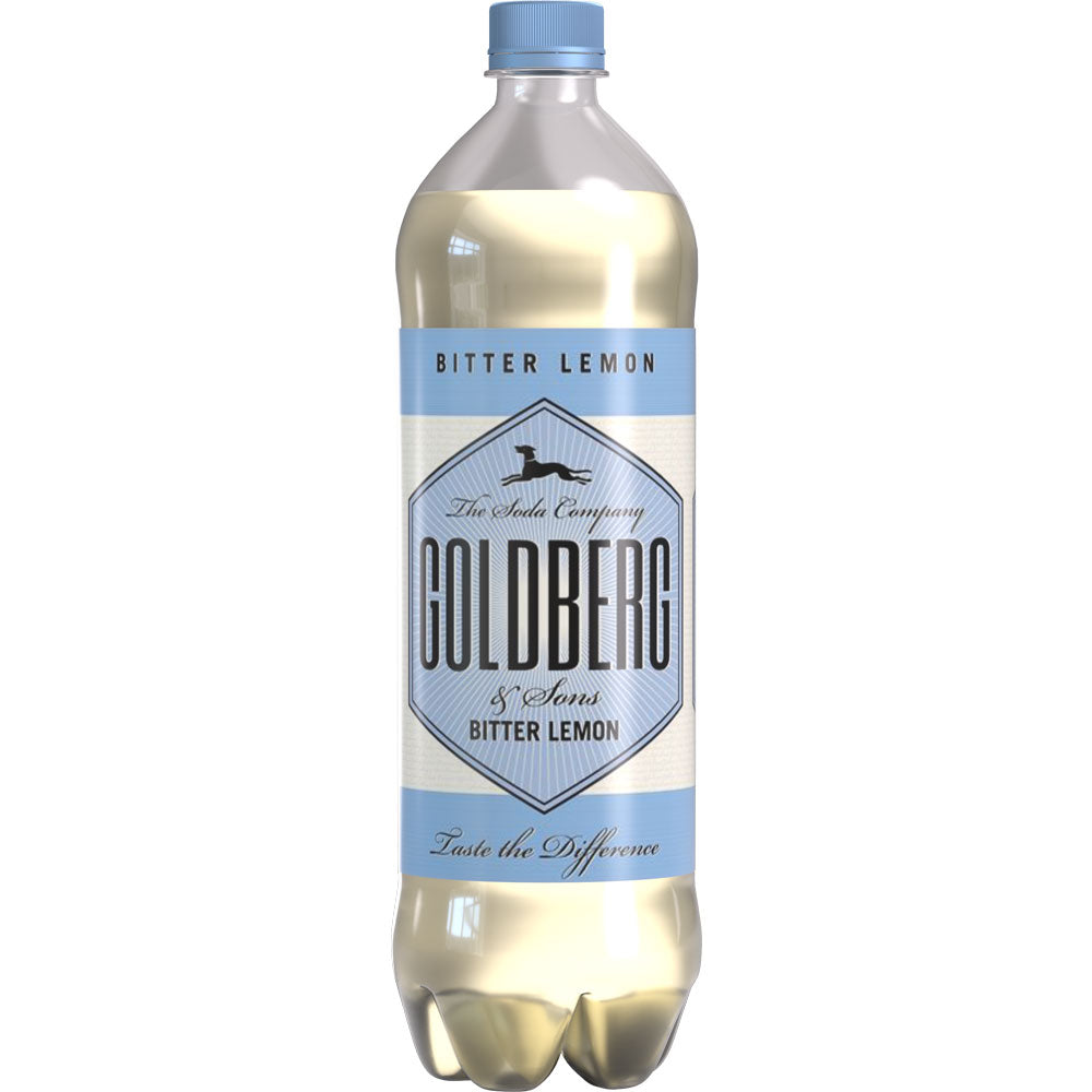 Eine 1-Liter-Flasche GOLDBERG & SONS Bitter Lemon Soda, PET (12er-Pack), mit hellblauem und weißem Etikett, hergestellt als Premium-Abfüller und angereichert mit erfrischendem Chinin.