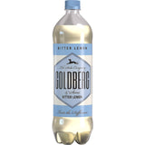 Eine 1-Liter-Flasche GOLDBERG & SONS Bitter Lemon Soda, PET (12er-Pack), mit hellblauem und weißem Etikett, hergestellt als Premium-Abfüller und angereichert mit erfrischendem Chinin.
