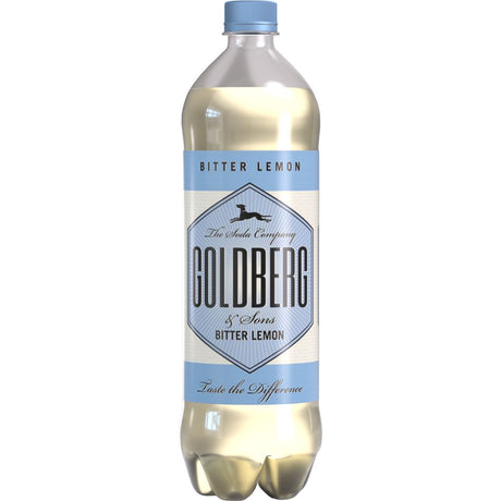 Eine 1-Liter-Flasche GOLDBERG & SONS Bitter Lemon Soda, PET (12er-Pack), mit hellblauem und weißem Etikett, hergestellt als Premium-Abfüller und angereichert mit erfrischendem Chinin.