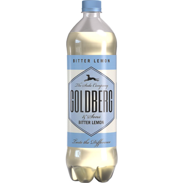 Eine 1-Liter-Flasche GOLDBERG & SONS Bitter Lemon Soda, PET (12er-Pack), mit hellblauem und weißem Etikett, hergestellt als Premium-Abfüller und angereichert mit erfrischendem Chinin.