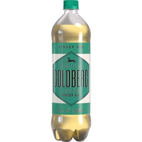 GOLDBERG & SONS Goldberg Ginger Ale 12x 1 Liter PET (EINWEG) zeichnet sich durch ein grünes Etikett, eine klare Flüssigkeit und ein raffiniertes Ingwer-Aroma aus - ideal als Premium-Mixer für anspruchsvolle Getränke.