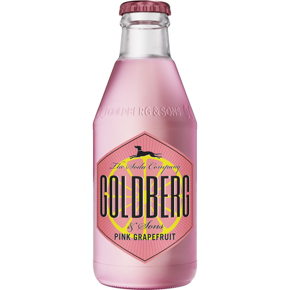 Eine 0,2-Liter-Flasche GOLDBERG & SONS Pink Grapefruit Limonade (24er-Pack, MEHRWEG), bekannt als Bitterlimonade, mit einem sechseckigen gelb-rosa Etikett.