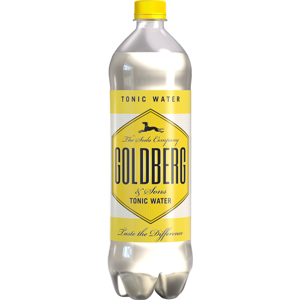 Das GOLDBERG & SONS Tonic Water PET 12x1L (EINWEG) ist ein Premium-Mixer in einer klaren Kunststoffflasche mit gelber und weißer Beschriftung und einem gelben Verschluss - perfekt für Ihren nächsten Gin Tonic.