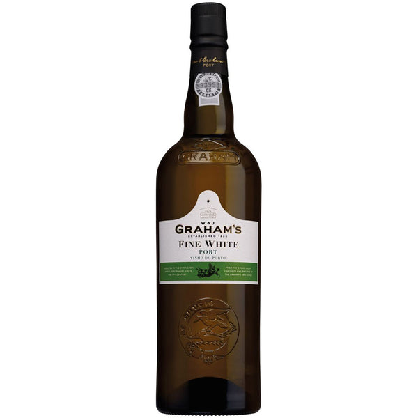 Graham's Fine White Port 19% 0,75 Liter von Perola, ein klassischer Aperitif aus dem Douro-Tal, ist mit einem weiß-grünen Etikett auf einem schlichten weißen Hintergrund versehen.