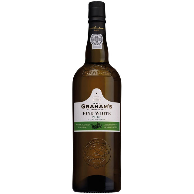 Graham's Fine White Port 19% 0,75 Liter von Perola, ein klassischer Aperitif aus dem Douro-Tal, ist mit einem weiß-grünen Etikett auf einem schlichten weißen Hintergrund versehen.
