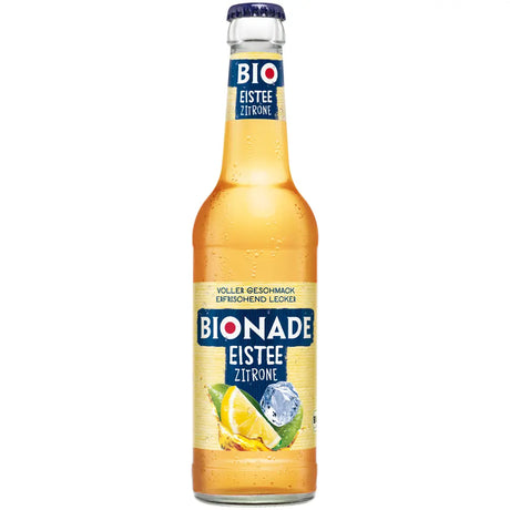 Glasflasche Bionade Eistee Zitrone, 12 x 0,33 Liter (Mehrweg), mit blau-weißem Etikett.