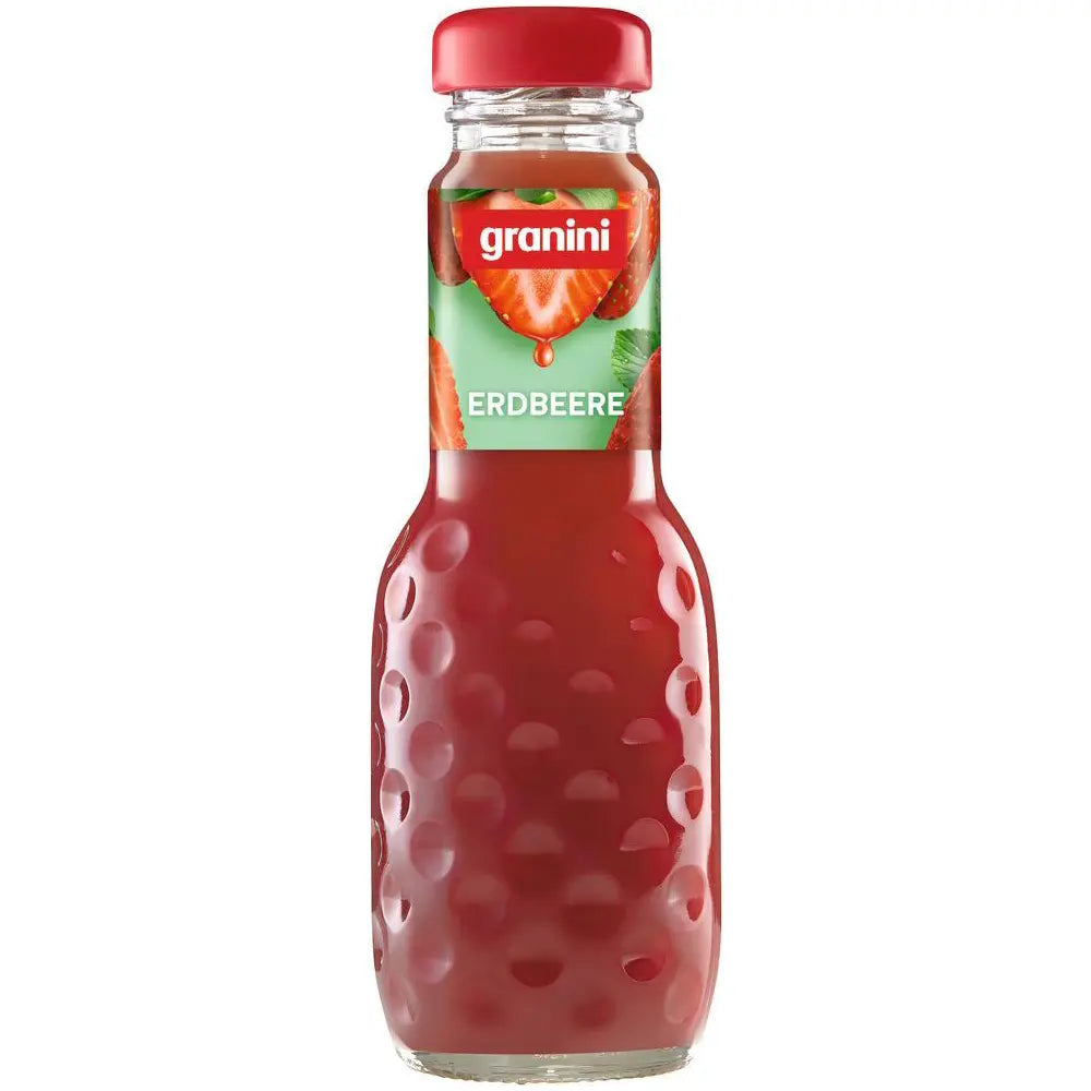 Kleine Glasflasche Granini Erdbeersaft, 24 x 0,2 Liter (MEHRWEG), mit rotem Verschluss.