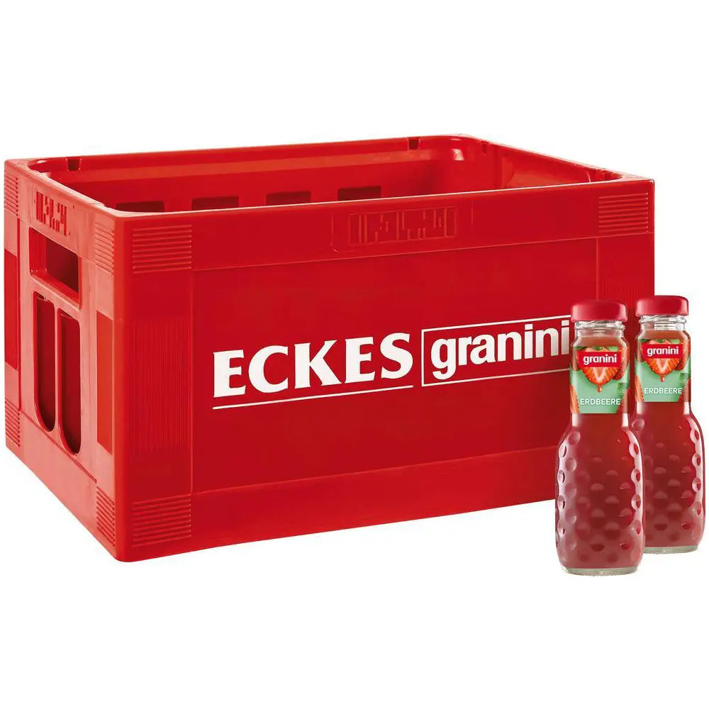 Rote Kunststoffkiste und zwei Flaschen Granini Erdbeersaft, 24 x 0,2 Liter (MEHRWEG).