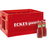 Rote Kunststoffkiste und zwei Flaschen Granini Erdbeersaft, 24 x 0,2 Liter (MEHRWEG).