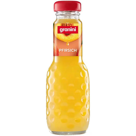 Eine Glasflasche Granini Pfirsich, 24 Stück à 0,2 Liter (MEHRWEG), mit rotem Verschluss.
