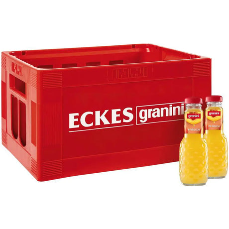 Eine rote Kunststoffkiste mit Granini Pfirsich 24 x 0,2 Liter (MEHRWEG), vorne stehen zwei Flaschen.