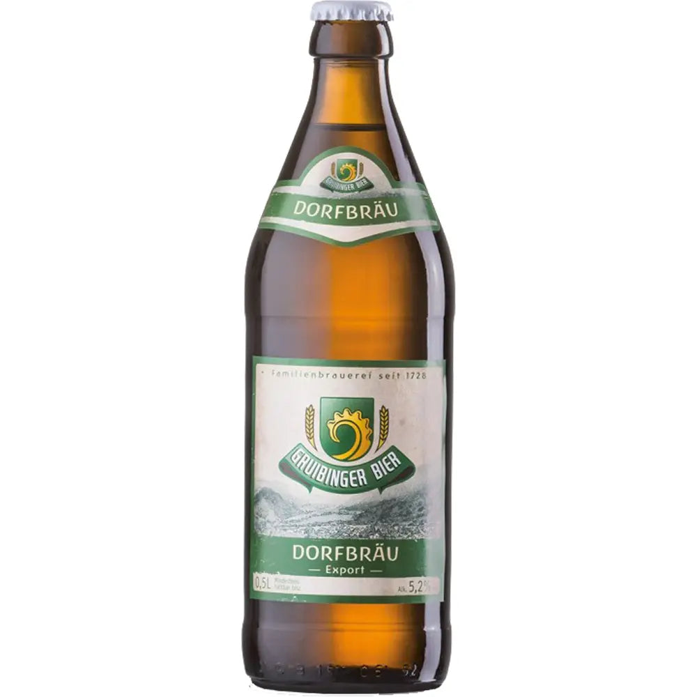 Gruibinger Dorfbräu Export Bier in der Braunglasflasche (0,5L, 5,2% vol) mit grün-weißem Etikett - gebraut in schwäbischer Brautradition. Erhältlich als Gruibinger Dorfbräu 20x 0,5 Liter (MEHRWEG).