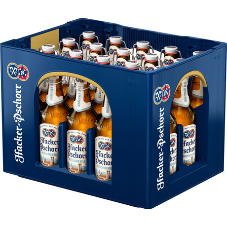 Blaue Kiste mit 20 aufrecht stehenden Hacker-Pschorr Hefe Weiße Bügel 0,5L Flaschen (Mehrweg), die alle durch die Öffnungen gut sichtbar sind und dieses klassische Hacker-Pschorr Weißbier hervorheben.