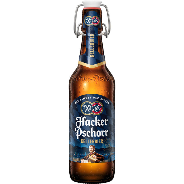 Eine Braunglasflasche von Hacker-Pschorr Naturtrübes Kellerbier Bügel (20x 0,5L MEHRWEG) mit Bügelverschluss und blau-goldenem Etikett der Marke Hacker-Pschorr.
