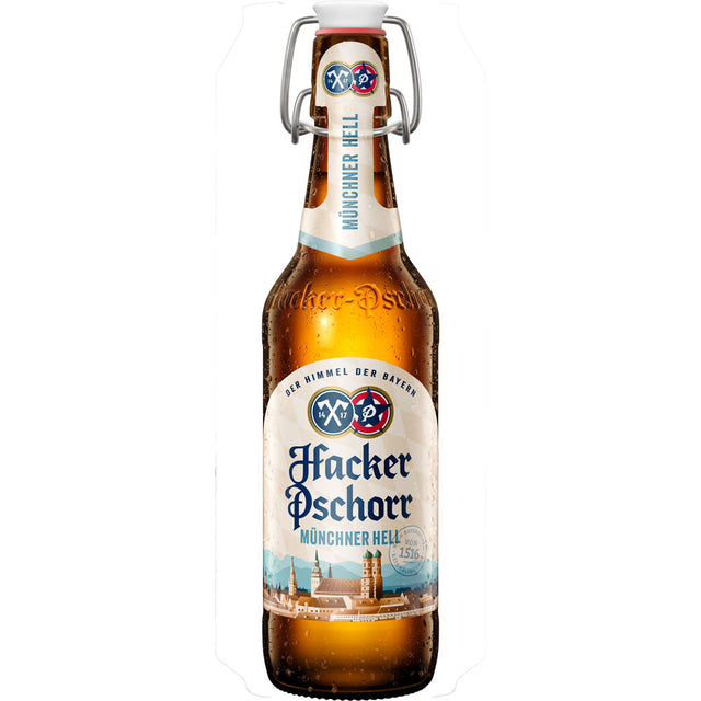 Eine kondensatgedeckte Hacker-Pschorr Münchner Hell 0,5L Flasche mit Bügelverschluss unterstreicht echte bayerische Braukunst und klassische Münchner Brautradition. Verkauft als 20x 0,5L MEHRWEG Packung von Hacker-Pschorr.