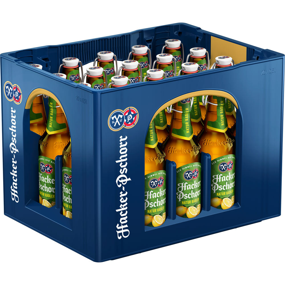 Schräge Seitenansicht einer blauen Kiste mit Hacker-Pschorr Natur Radler Bügel 20x 0,5 Liter (MEHRWEG), einem erfrischenden Münchner Bier von Hacker-Pschorr.