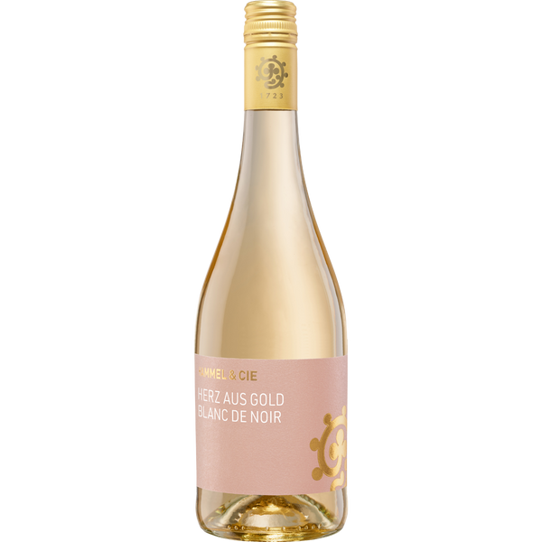 Eine durchsichtige Weinflasche mit einem goldenen Verschluss und einem rosafarbenen Etikett mit der Aufschrift Weingut Hammel Herz aus Gold Blanc de Noir trocken 2024 - ein Weißwein, der aus roten Trauben hergestellt wird.