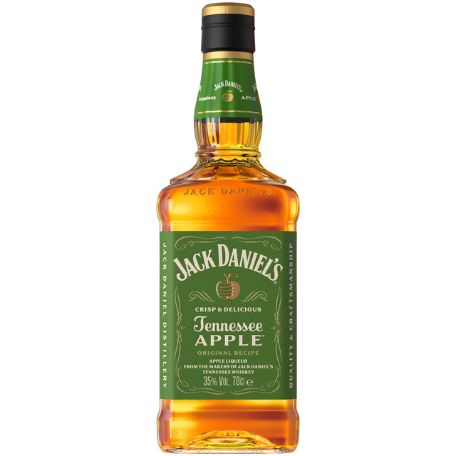 Eine 0,7-Liter-Flasche Jack Daniel's Tennessee Apple 35% von Jack Daniels mit einem grünen Etikett auf weißem Hintergrund.