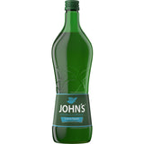 Eine grüne Flasche von John's Natural Cordial Lemon Squash 0,7 Liter, hergestellt mit Zitronensaftkonzentrat, trägt ein blau-weißes Etikett.
