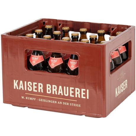 Eine Kiste Kaiser Brauerei Kaiser Hefe-Weizen Hell 20x 0,5L (MEHRWEG) Flaschen, die authentische schwäbische Brautradition widerspiegeln.