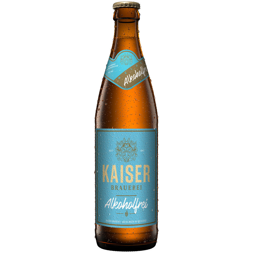 Die braune Flasche Kaiser Hefe Weizen Alkoholfrei 20x 0,5L (MEHRWEG) der Kaiser Brauerei hat ein blau-goldenes Etikett mit Kondensationstropfen, die dieses erfrischende alkoholfreie Weizenbier hervorheben.