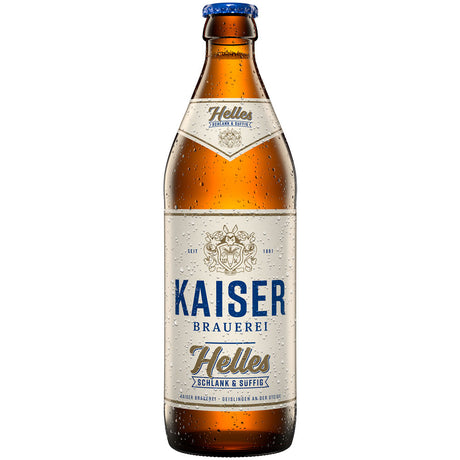 Eine 0,5-Liter-Braunglasflasche Kaiser Helles der Kaiser Brauerei (20er-Pack, MEHRWEG) mit weiß-blauem Etikett und Beschlag hebt die schwäbische Braukunst hervor.