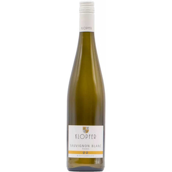Eine Flasche Wolfgang Klopfer Sauvignon Blanc BIO trocken 2024 mit weißem Etikett und Schraubverschluss.