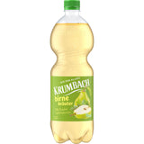 Die 1-Liter-Flasche Krumbach Birne-Kräuter PET (EINWEG) bietet eine erfrischende Mischung aus kohlensäurehaltigem Wasser und natürlicher Kräutermischung mit grünem Birnen-Etikett. Erhältlich in 9er-Sets von Krumbach.