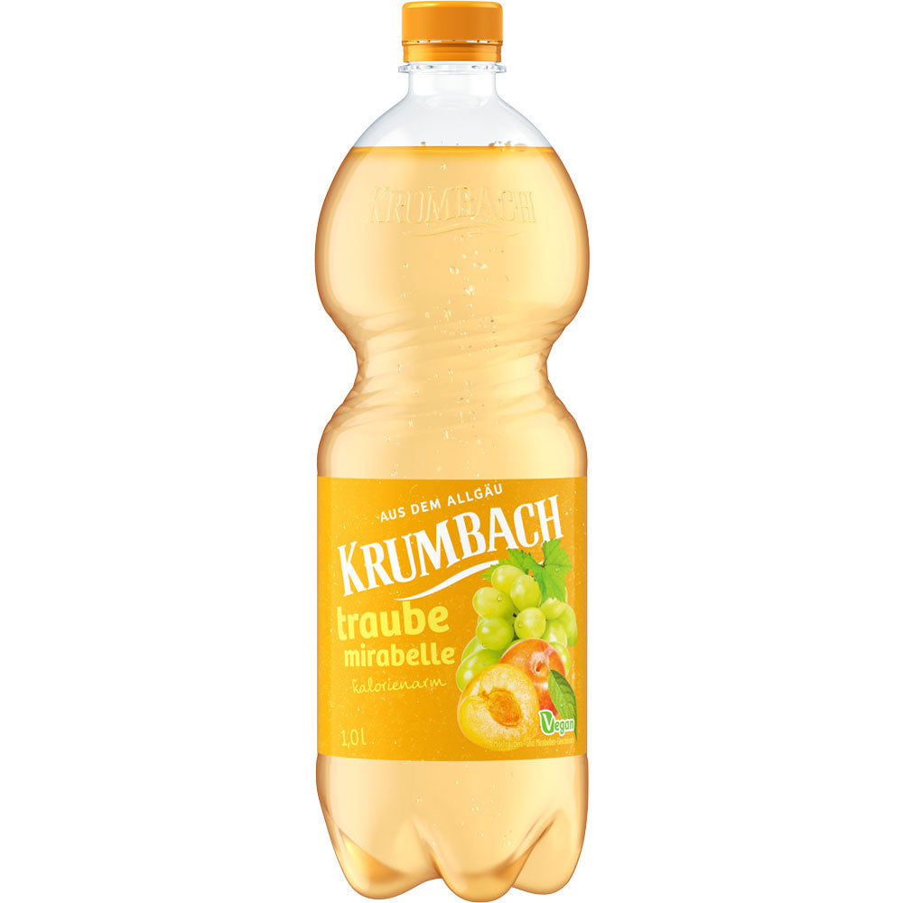 Die Krumbach Traube-Mirabelle PET 1L Einwegflasche bietet eine kalorienarme Erfrischung mit natürlichem Aroma von Trauben und Mirabellen.