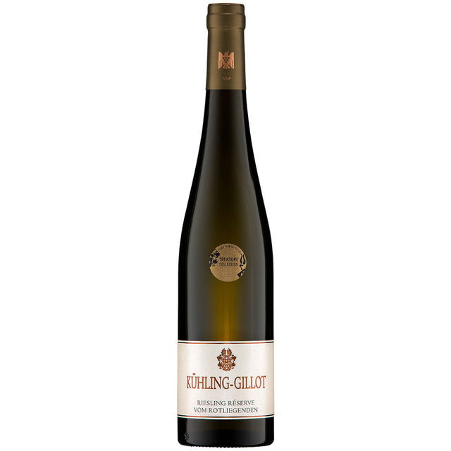 Eine Flasche Kühling-Gillot Riesling Réserve vom Rotliegenden trocken 2022 mit einem weiß-goldenen Etikett auf weißem Grund, das den raffinierten Charakter dieses rheinhessischen Weißweins unterstreicht.