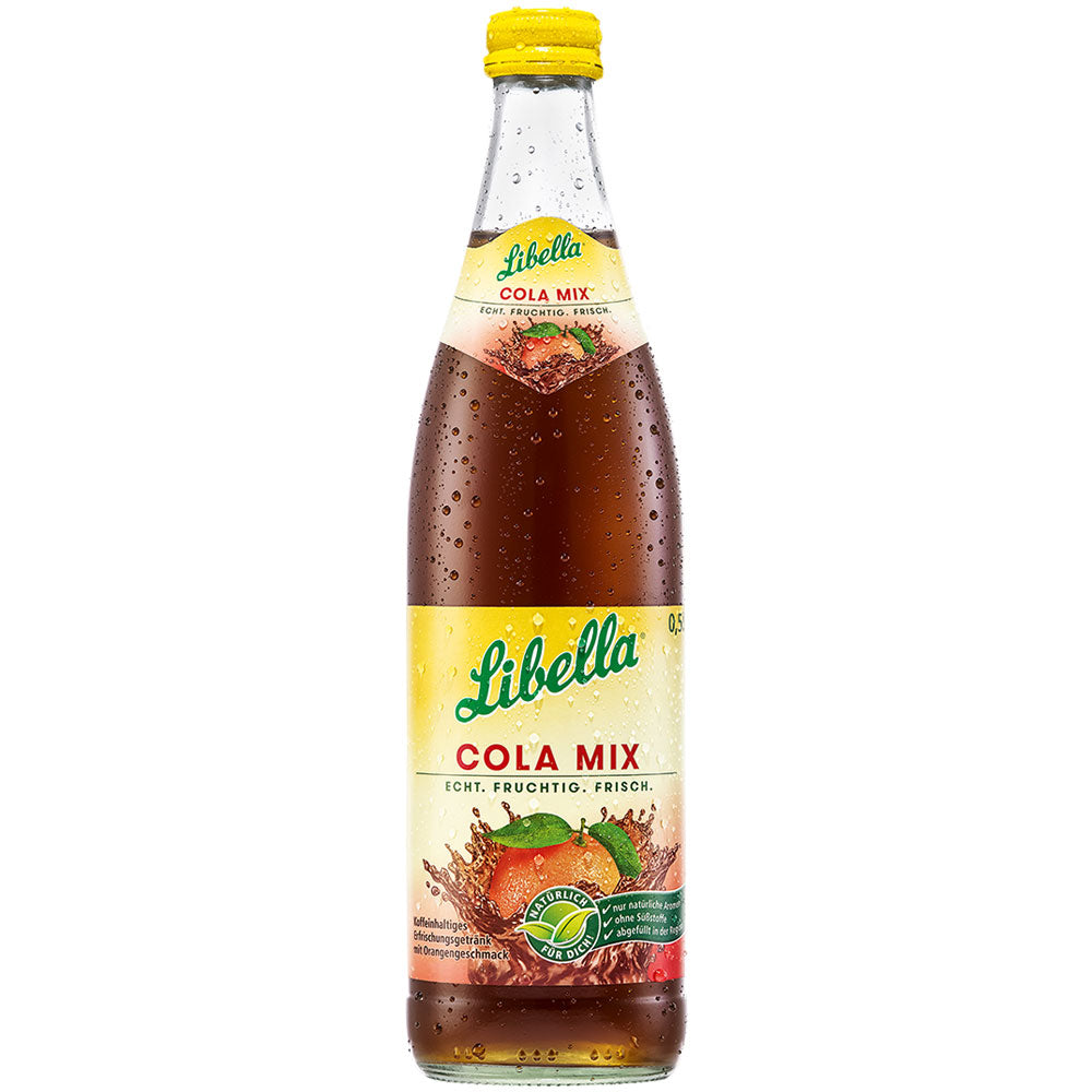 Eine Libella Cola Mix 0,5L Mehrweg-Flasche mit gelbem Verschluss und einem Etikett mit cola-orangen Früchten und spritzender Cola.