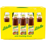 Libella Cola Mix 20x 0,5 Liter (MEHRWEG), das erfrischende Cola-Orangen-Mischgetränk in der gelben Pfandkiste mit grünem Libella-Logo.